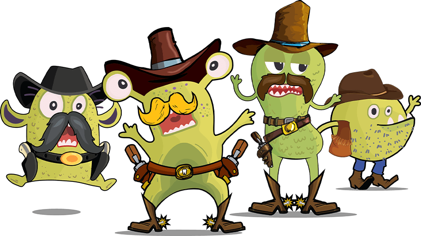 Four green cartoon germs in cowboy clothes